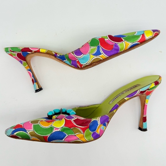 Manolo Blahnik Blue Green Multicolor Atomica Turquoise Buckle Mule pumps EU 37 - Picture 4 of 9